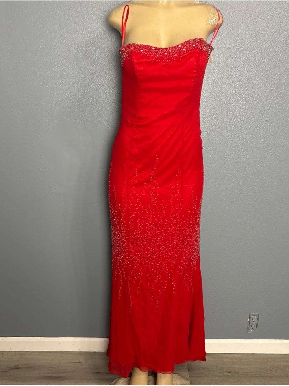 Y2K Nina Canacci 100% silk Beaded Spaghetti-Strap Evening Dress